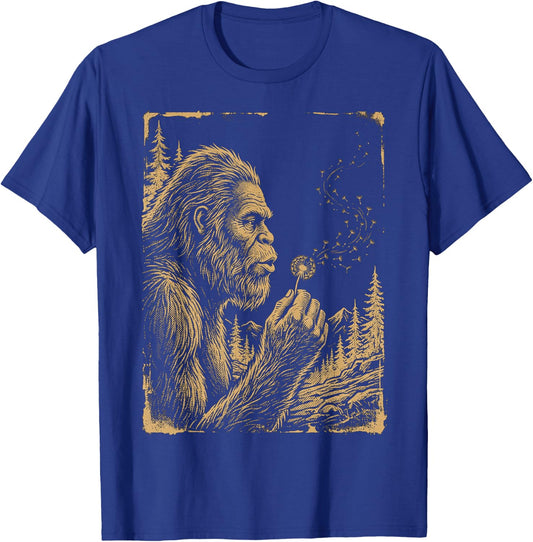 Funny Bigfoot Blowing Wishes Dandelion Vintage Art T-Shirt - T-Shirt | Royal