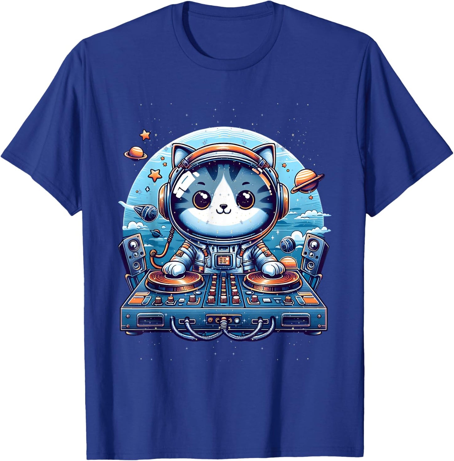 DJ Cat Cute Space Cat Disc Jockey Cat in Astronaut Suit T-Shirt - T-Shirt | Royal