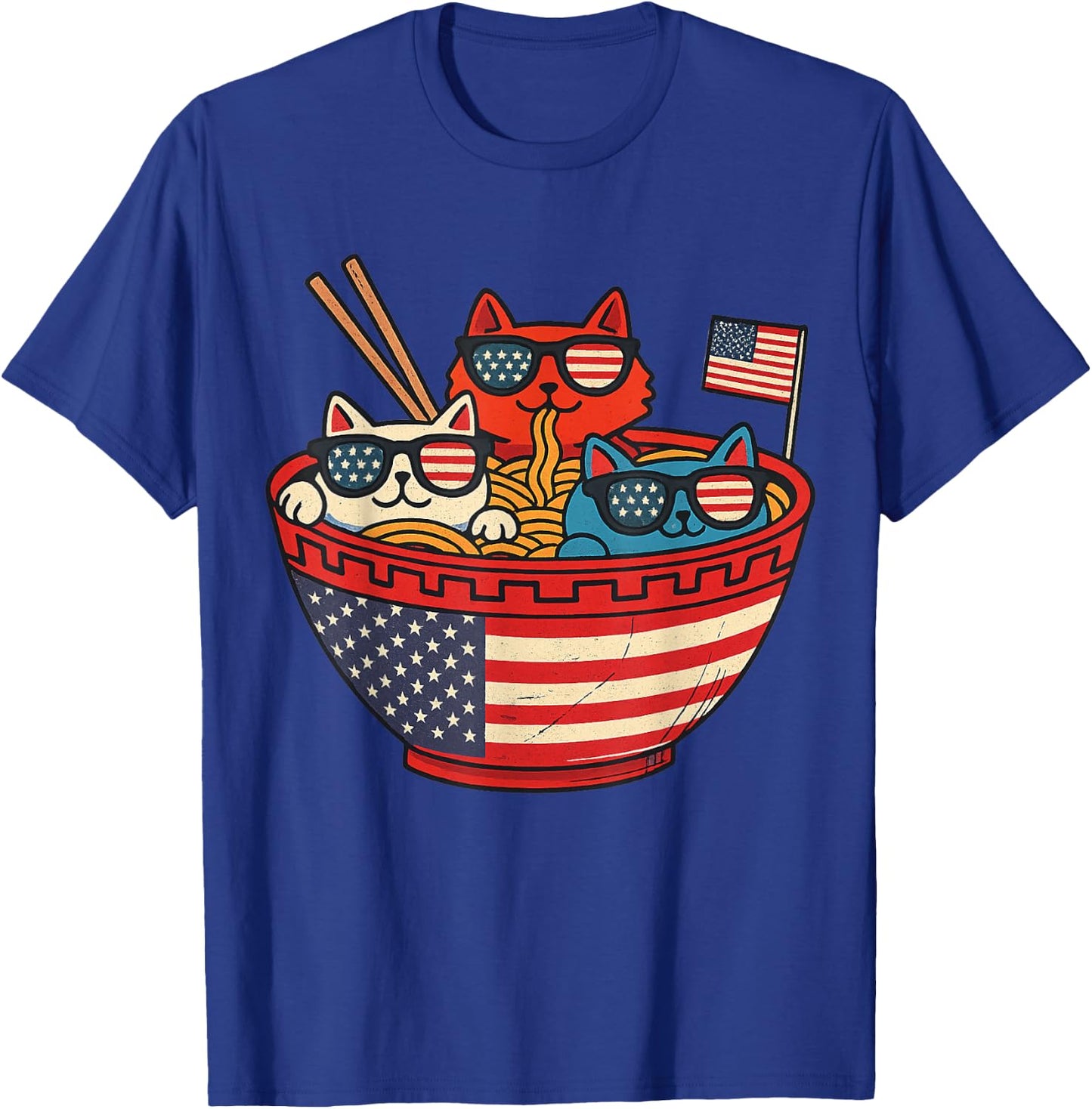 Cats Ramen Anime American Flag USA Funny 4th Of July Fourth T-Shirt - T-Shirt | Royal