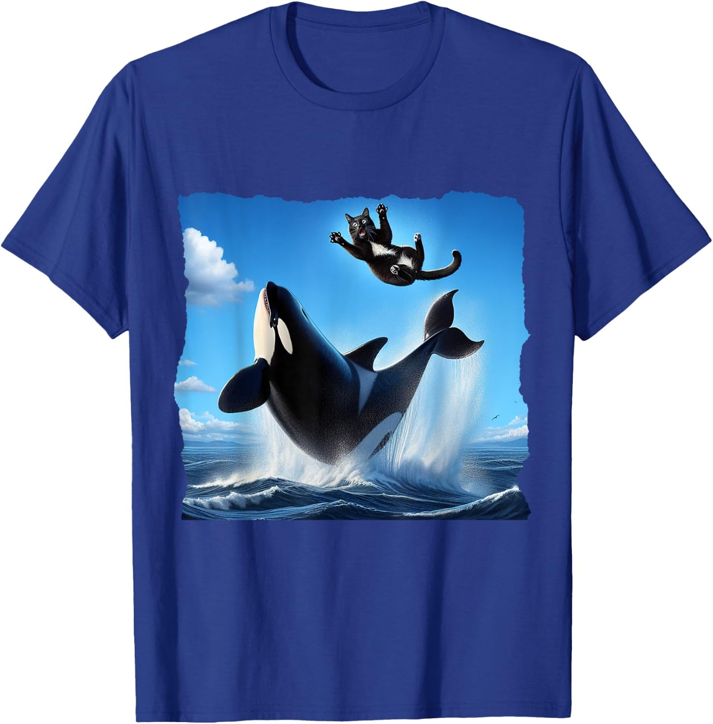 Funny Orca Whale Playing With Black Cat. cat and orca lover T-Shirt - T-Shirt | Royal