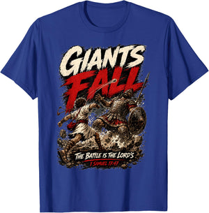 Giants Fall The Battle is The Lord's David and Goliath Bible T-Shirt - T-Shirt | Royal