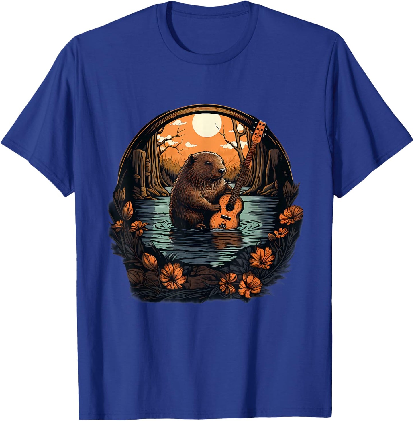 Beaver Nature Guitar Landscape Wildlife Artwork Animal Art T-Shirt - T-Shirt | Royal
