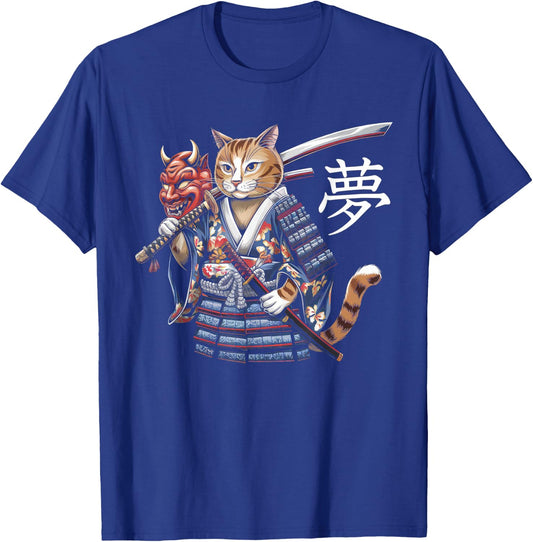 Samurai Cat Vintage Ukiyo-e Warrior Kanji Japan Anime Ink T-Shirt - T-Shirt | Royal