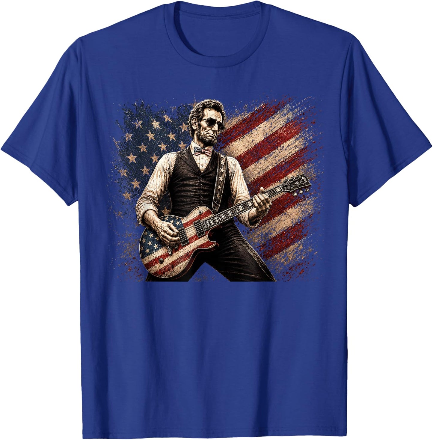 Abraham Lincoln Playing Guitar Rock and Roll American Flag T-Shirt - T-Shirt | Royal