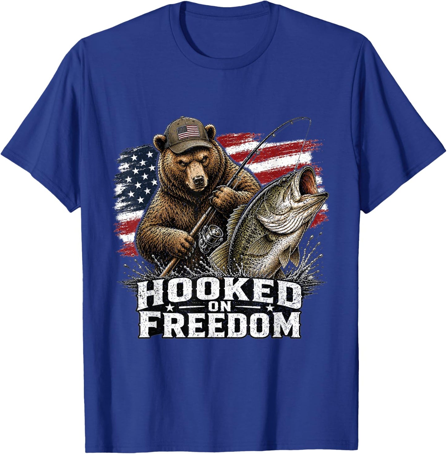 Hooked On Freedom Bear Fishing Patriotic USA Gift T-Shirt - T-Shirt | Royal