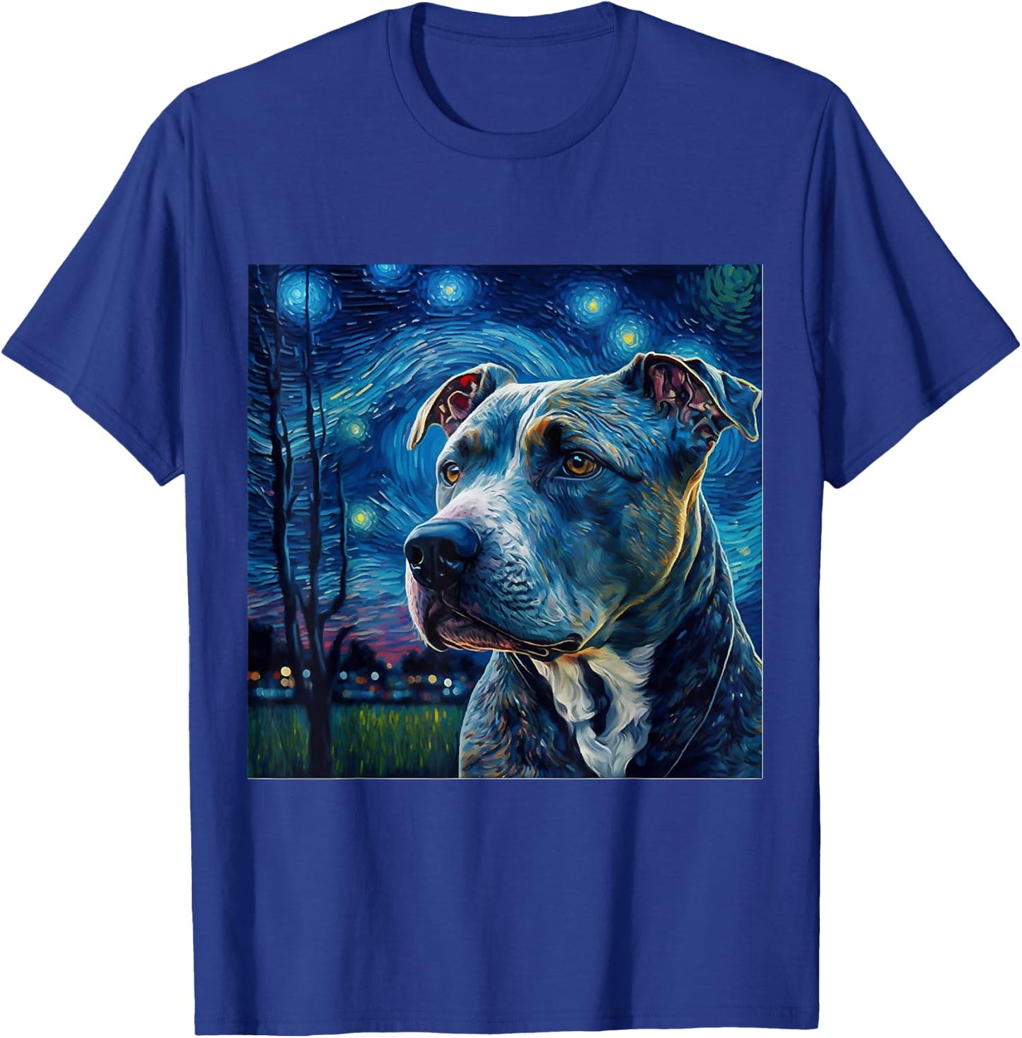 Starry Night Vincent Van Gogh Painting Pitbull Dog T-Shirt - T-Shirt | Royal