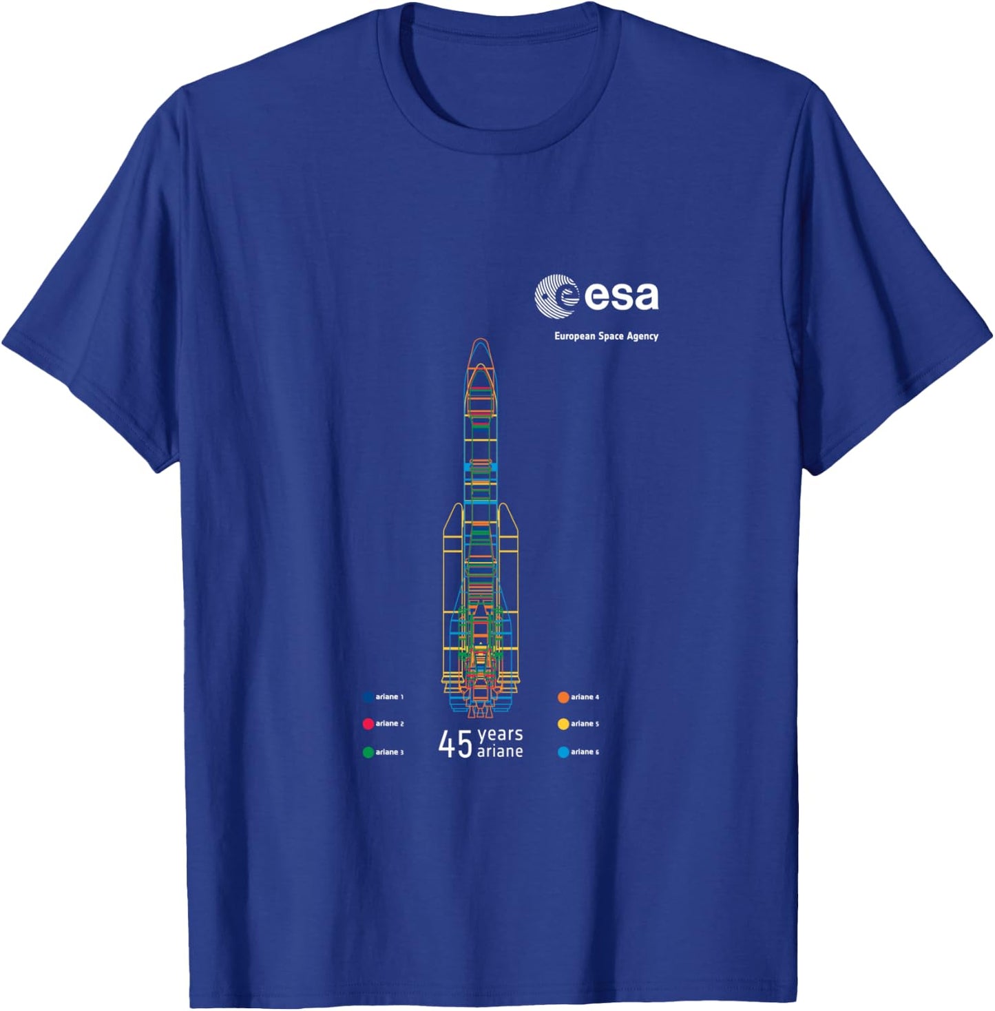 ESA European Space Agency 45 years Ariane 1-6 Rocket 1979-2024 T-Shirt - T-Shirt | Royal