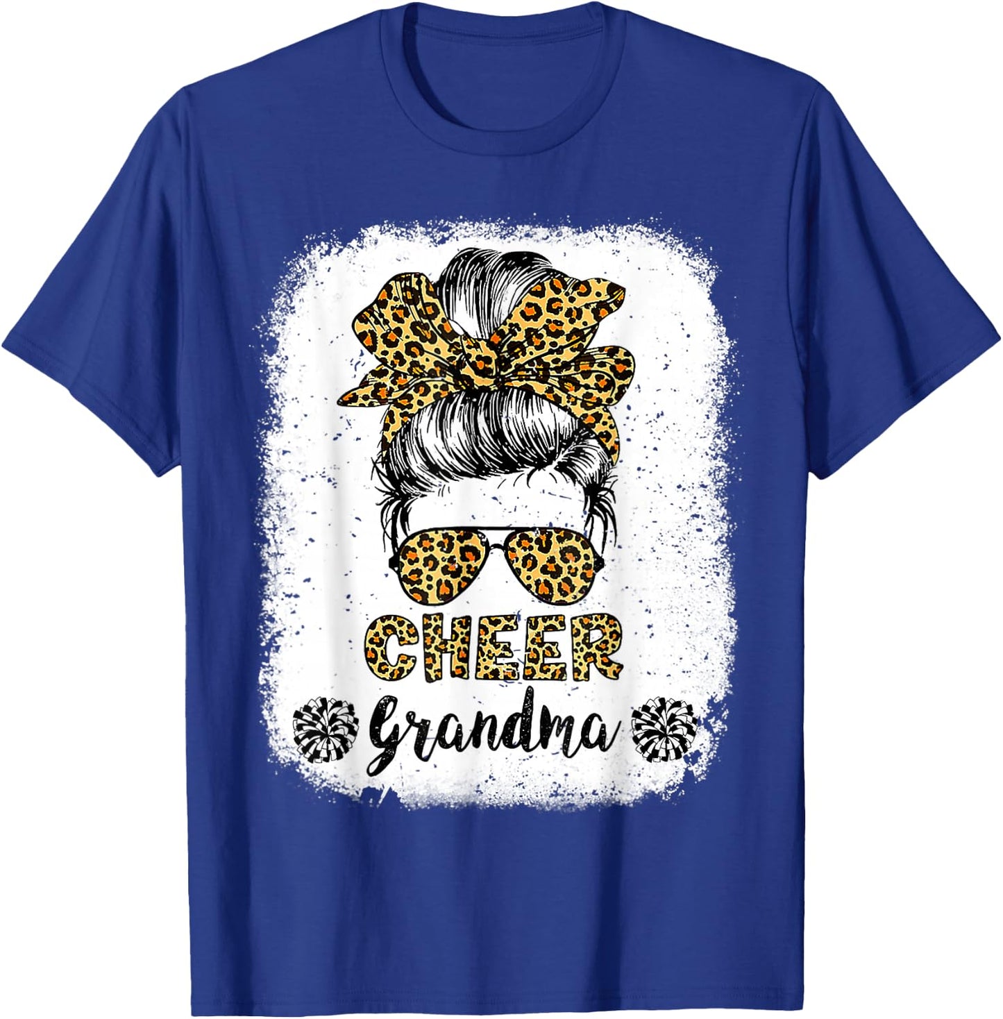 Cheer Grandma Leopard Messy Bun Cheerleader Bleached T-Shirt - T-Shirt | Royal