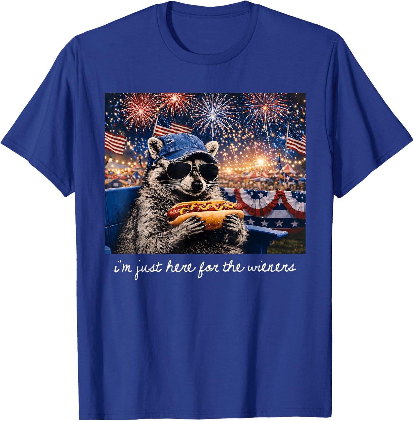 I'm Just Here for The Wieners Raccoon Fireworks 4th of July T-Shirt - T-Shirt | Royal