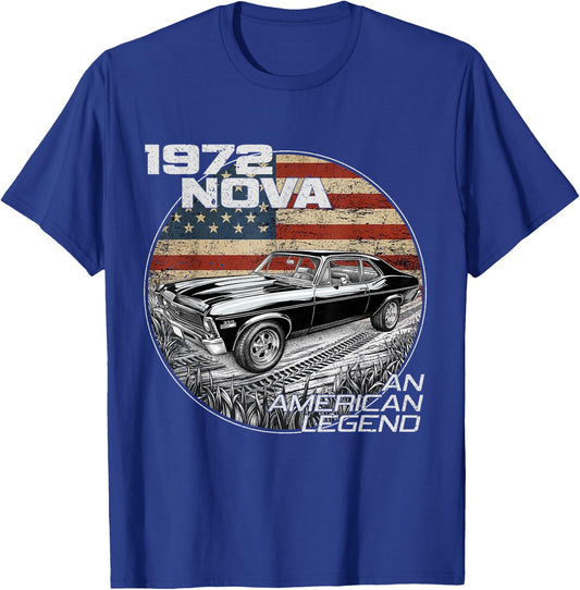 1972 72 Nova Silhouette Muscle Car American Flag T-Shirt - T-Shirt | Royal