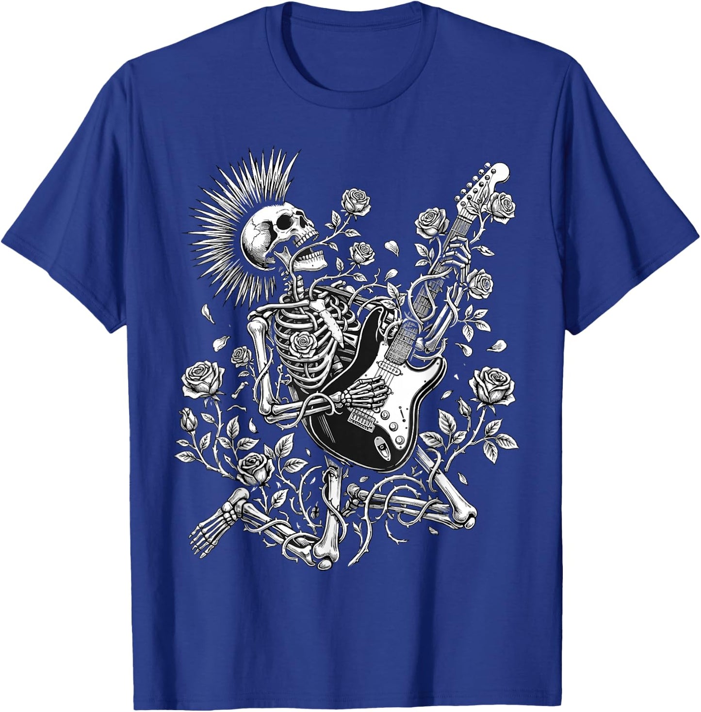 Rock and Roll Rose Skeleton Playing Guitar T-Shirt - T-Shirt | Royal