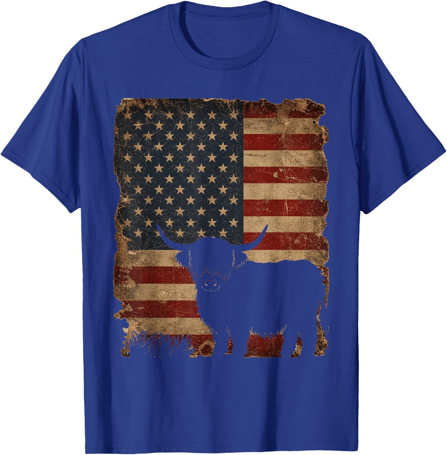 Highland Cow 4th of July Vintage American Flag T-Shirt - T-Shirt | Royal