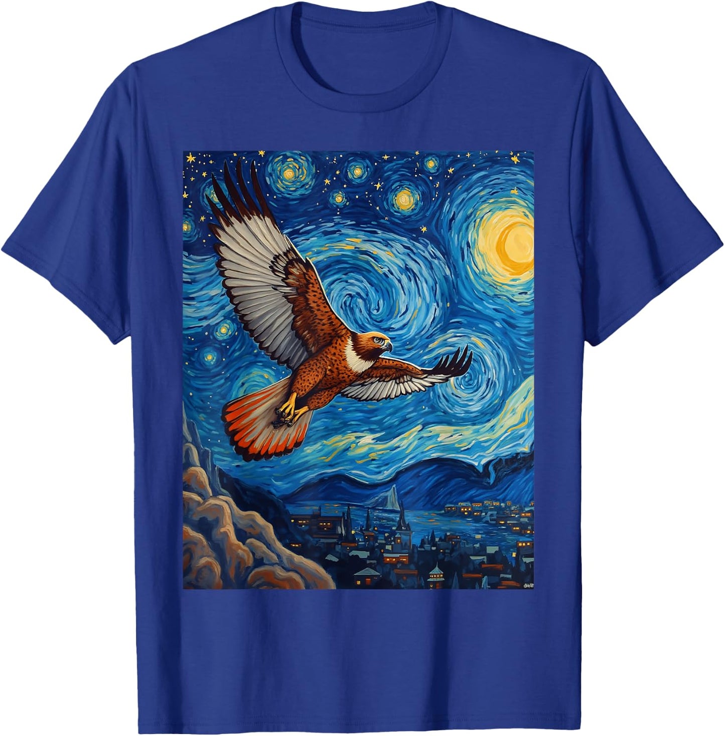Van Gogh's Starry Night Red-Tailed Hawk Sky Hunter Animal T-Shirt - T-Shirt | Royal