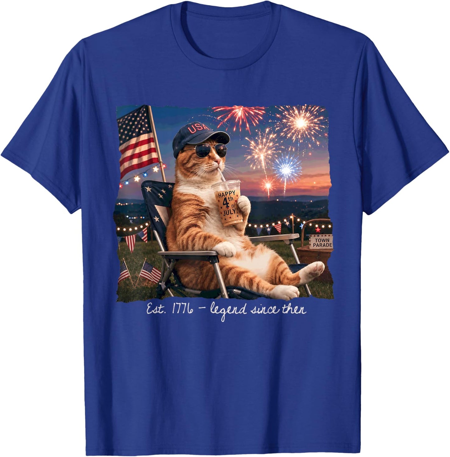 Funny 4th of July Cat Fireworks Est 1776 Legend Since Then T-Shirt - T-Shirt | Royal
