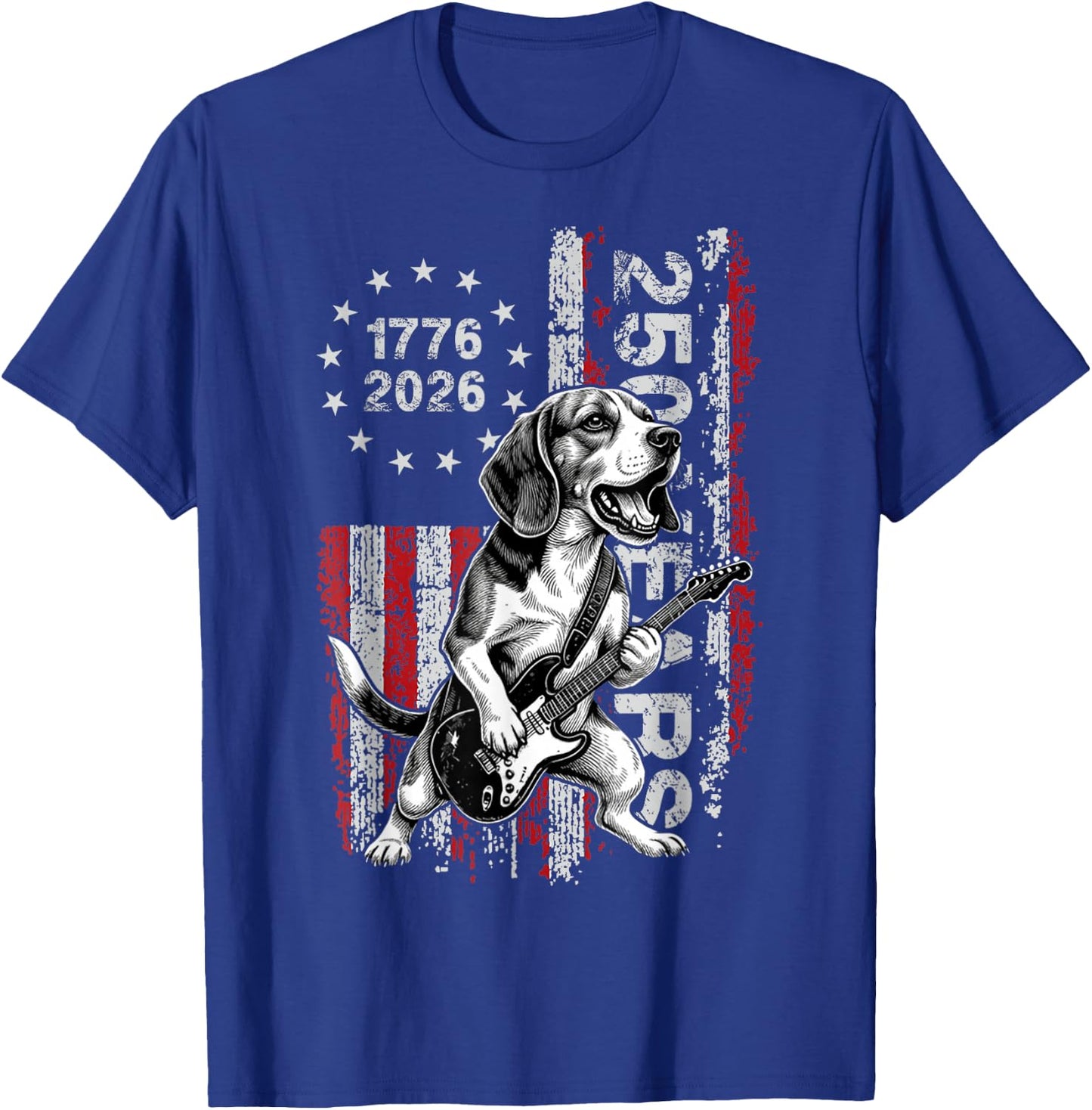 250 Years US Flag Beag Dog Playing Guitar - Funny Beagle T-Shirt - T-Shirt | Royal