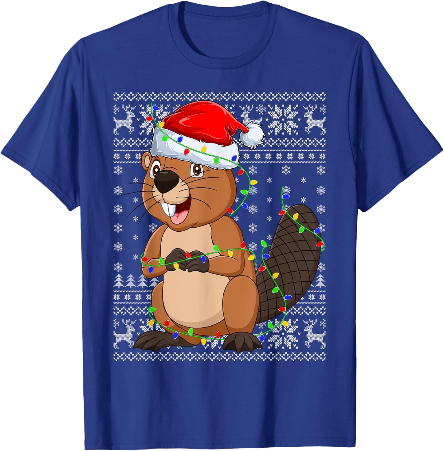 Ugly Sweater Xmas Lights Santa Hat Beaver Christmas T-Shirt - T-Shirt | Royal
