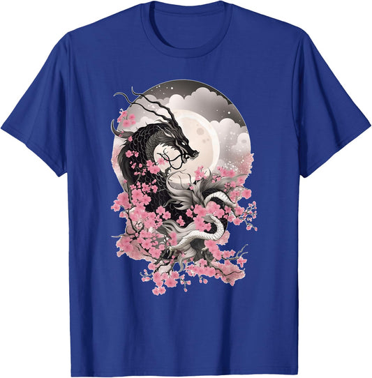 Japanese Dragon & Cherry Blossom Men & Women Full Moon Asian T-Shirt - T-Shirt | Royal
