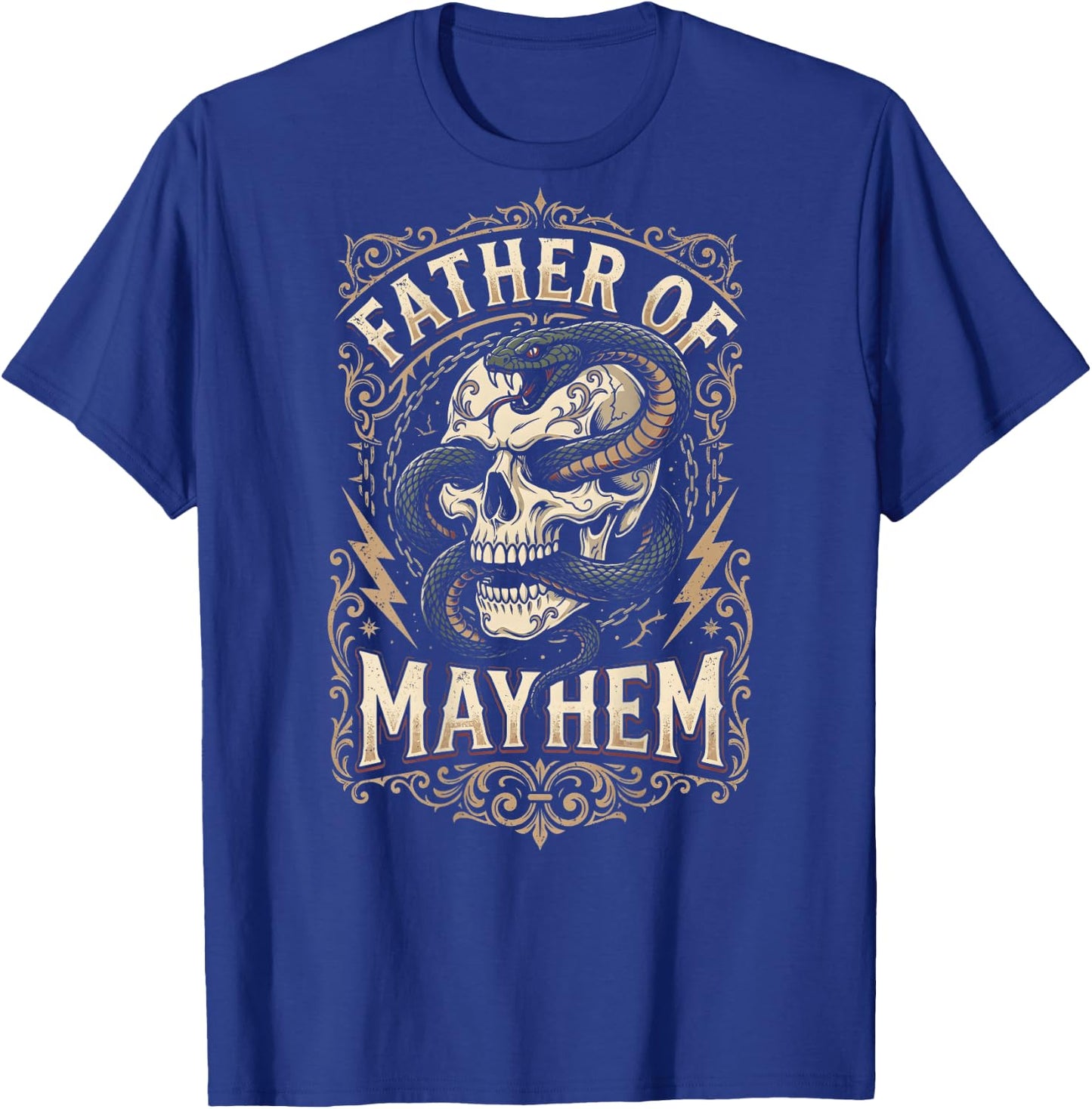 Father of Mayhem Vintage Gothic Skull Snake Tattoo (On Back) T-Shirt - T-Shirt | Royal
