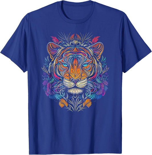 Tiger Face Head Colorful Mandala Floral Wildlife Animal T-Shirt - T-Shirt | Royal