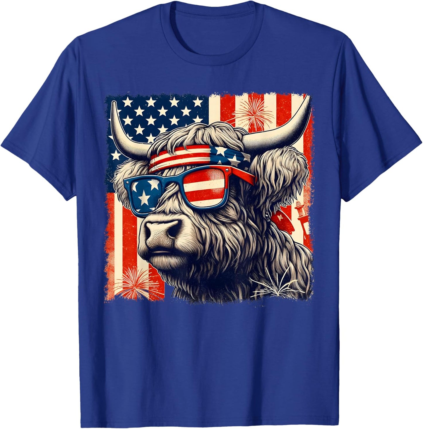 Highland Cow Sunglasses American Flag 4th of July Farmer T-Shirt - T-Shirt | Royal