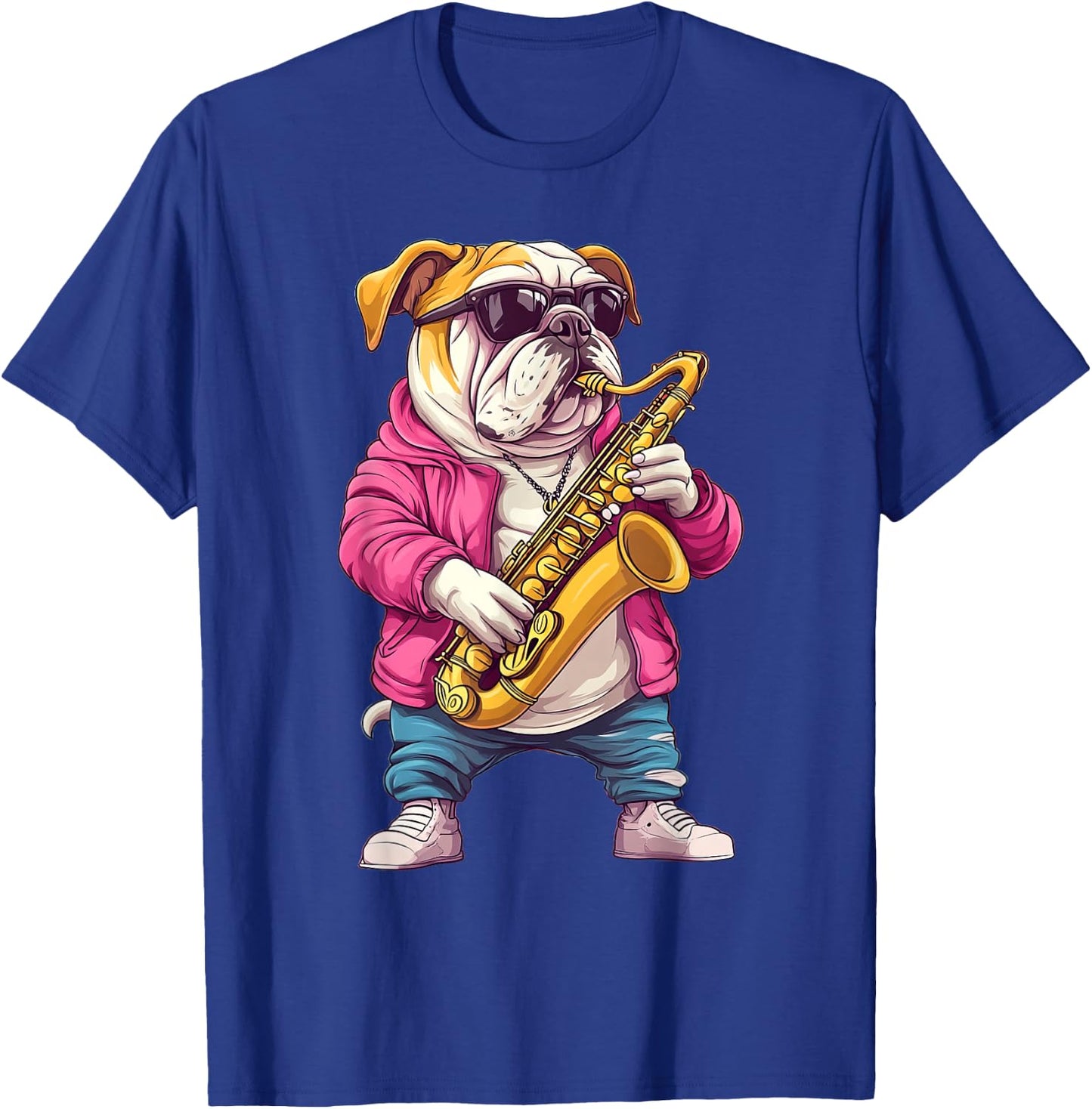 Cute English Bulldog Dog Playing Saxophone Musician Music T-Shirt - T-Shirt | Royal