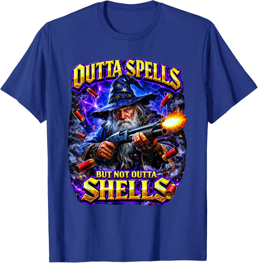 Outta Spells But Not Outta Shells Wizard Meme Bootleg Style T-Shirt - T-Shirt | Royal