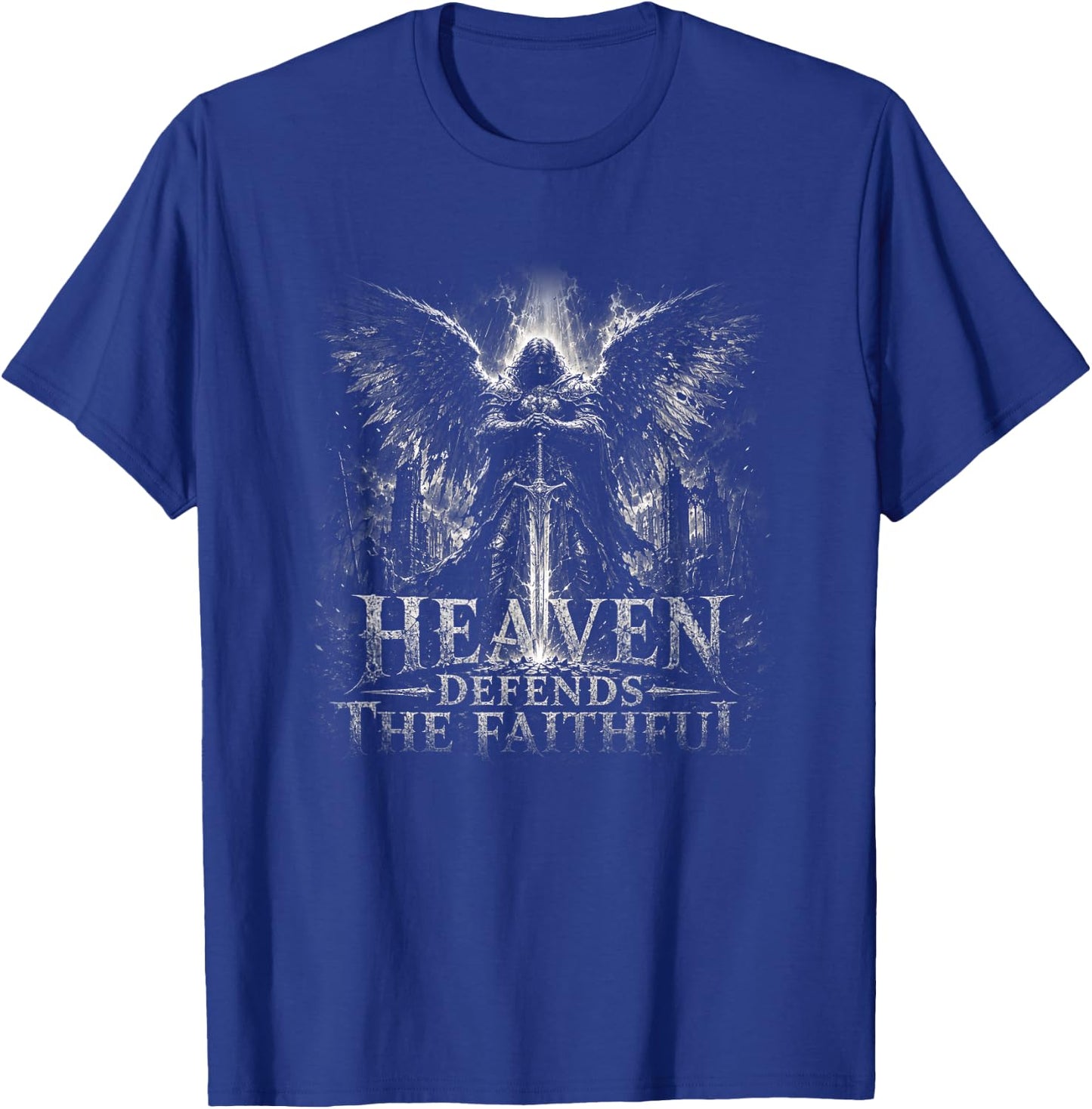 Heaven Defends The Faithful Angel Warrior Cross T-Shirt - T-Shirt | Royal
