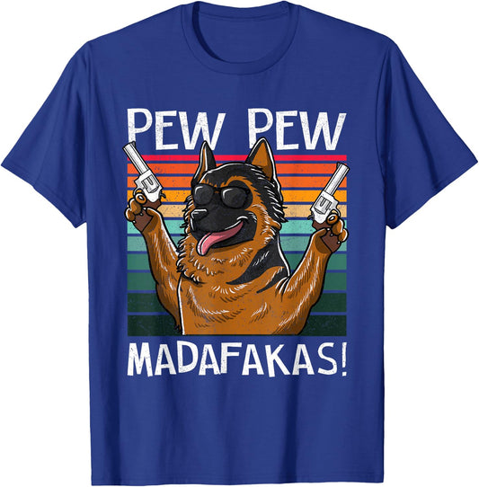 German Shepherd Pew Pew Vintage Retro Sunset T-Shirt - T-Shirt | Royal