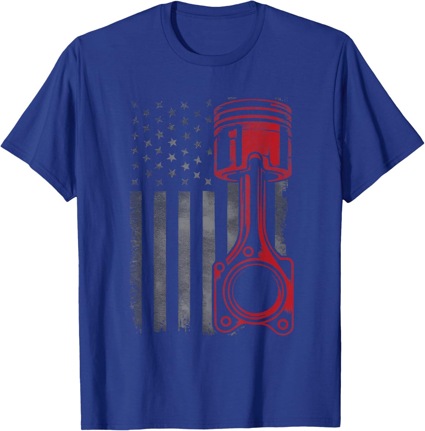 Vintage Piston Funny Muscle Car Mechanic Flag USA Patriotic T-Shirt - T-Shirt | Royal