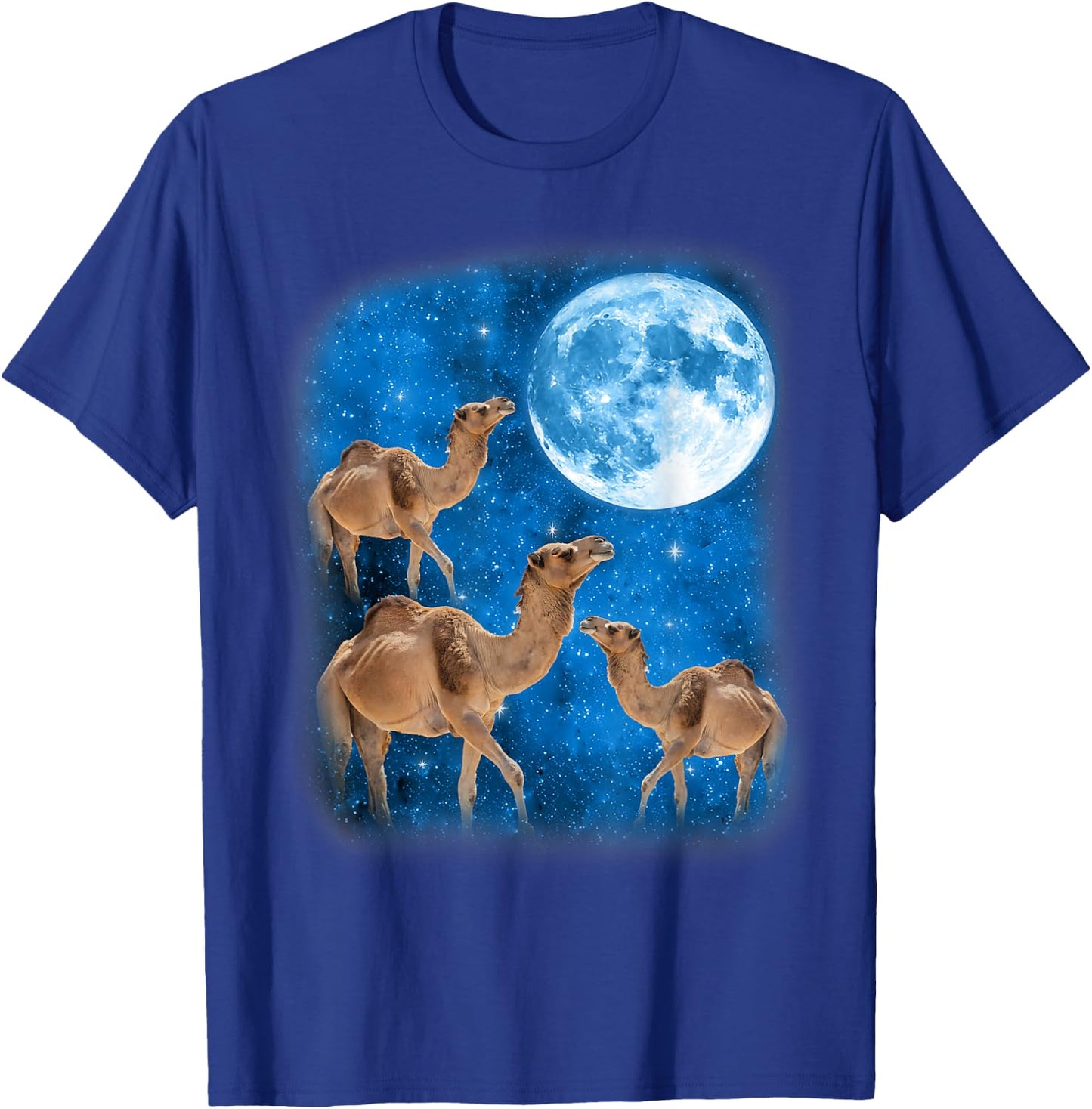 Camel Howling At The Space Full Moon At Night Starry Sky T-Shirt - T-Shirt | Royal