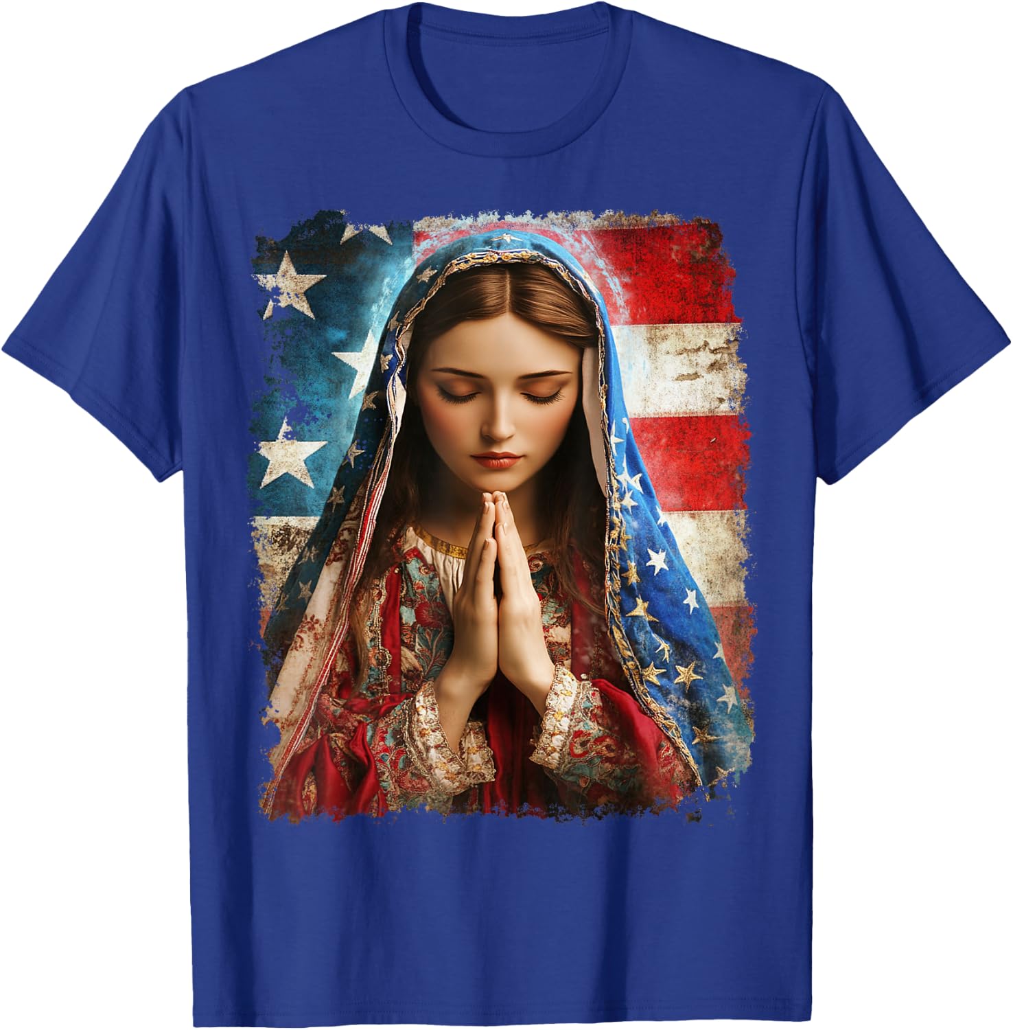 US Flag American The Virgin Mary Religious Christian T-Shirt - T-Shirt | Royal