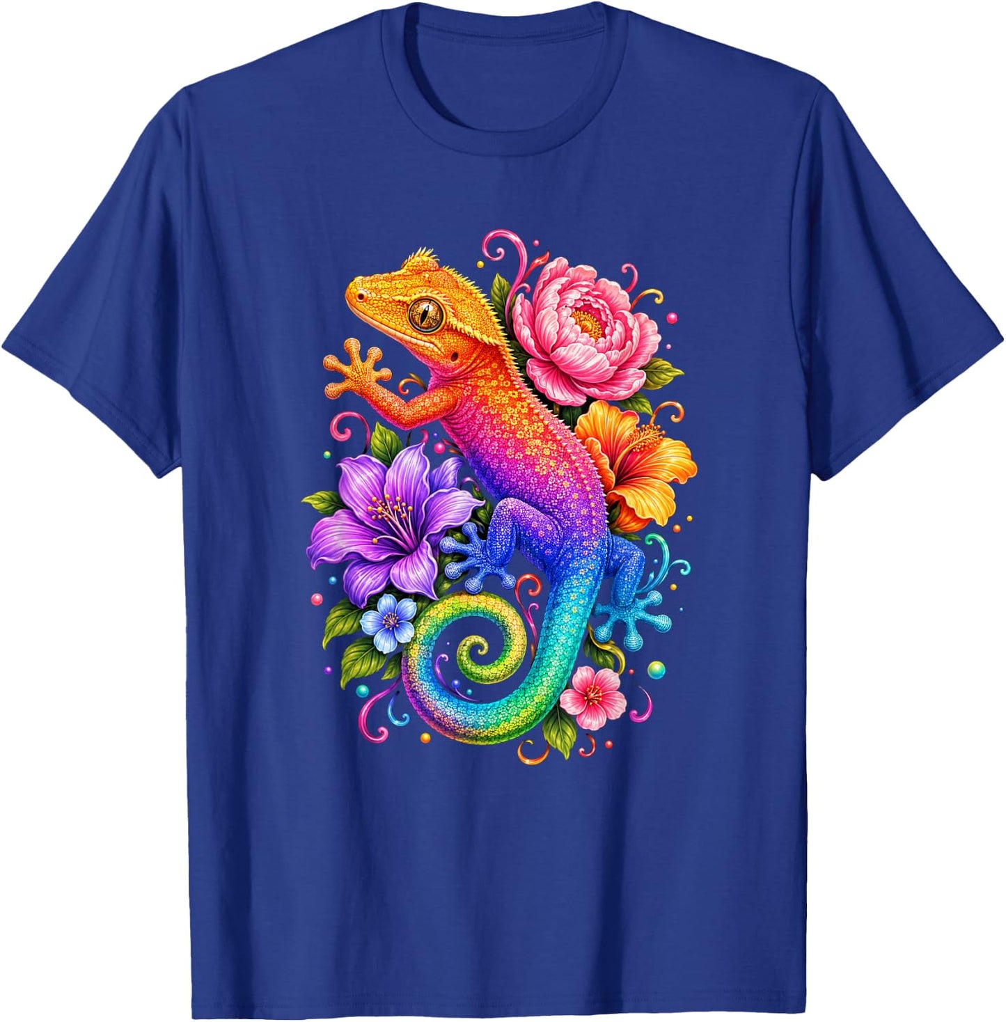 Cute Colorful Crested Gecko Flowers Rainbow Women Girls Kids T-Shirt - T-Shirt | Royal