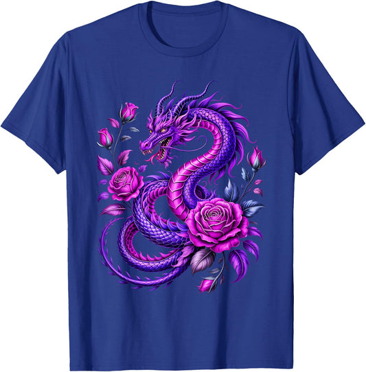 Purple Dragon and Rose Fantasy T-Shirt - T-Shirt | Royal