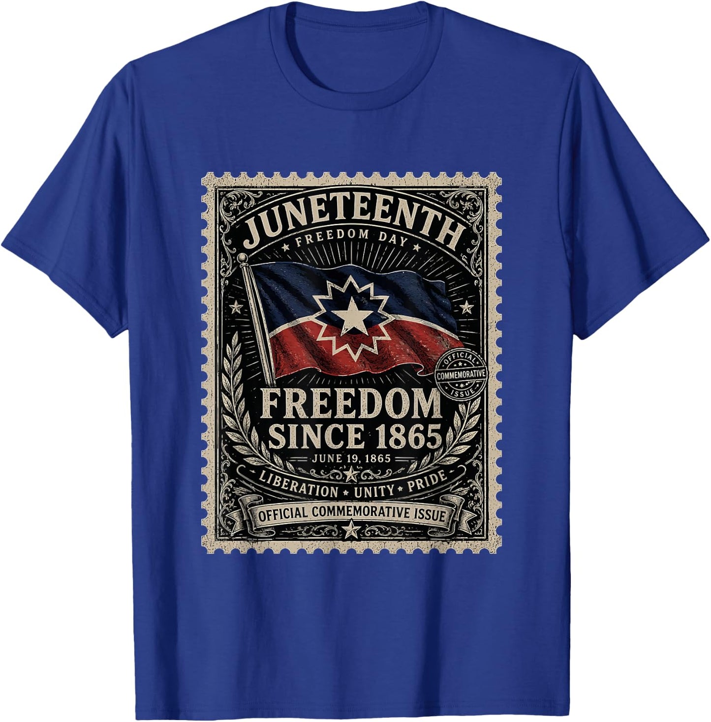 Distressed American Juneteenth Flag Colors Freedom Day Stamp T-Shirt - T-Shirt | Royal