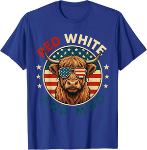Red White and Moo Funny Toddler Highland Cow 4th of July T-Shirt - T-Shirt | Royal