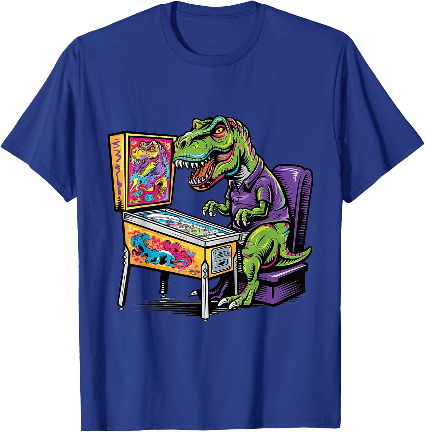 Funny T-rex Dinosaur Playing on Pinball Machine Retro Art T-Shirt - T-Shirt | Royal