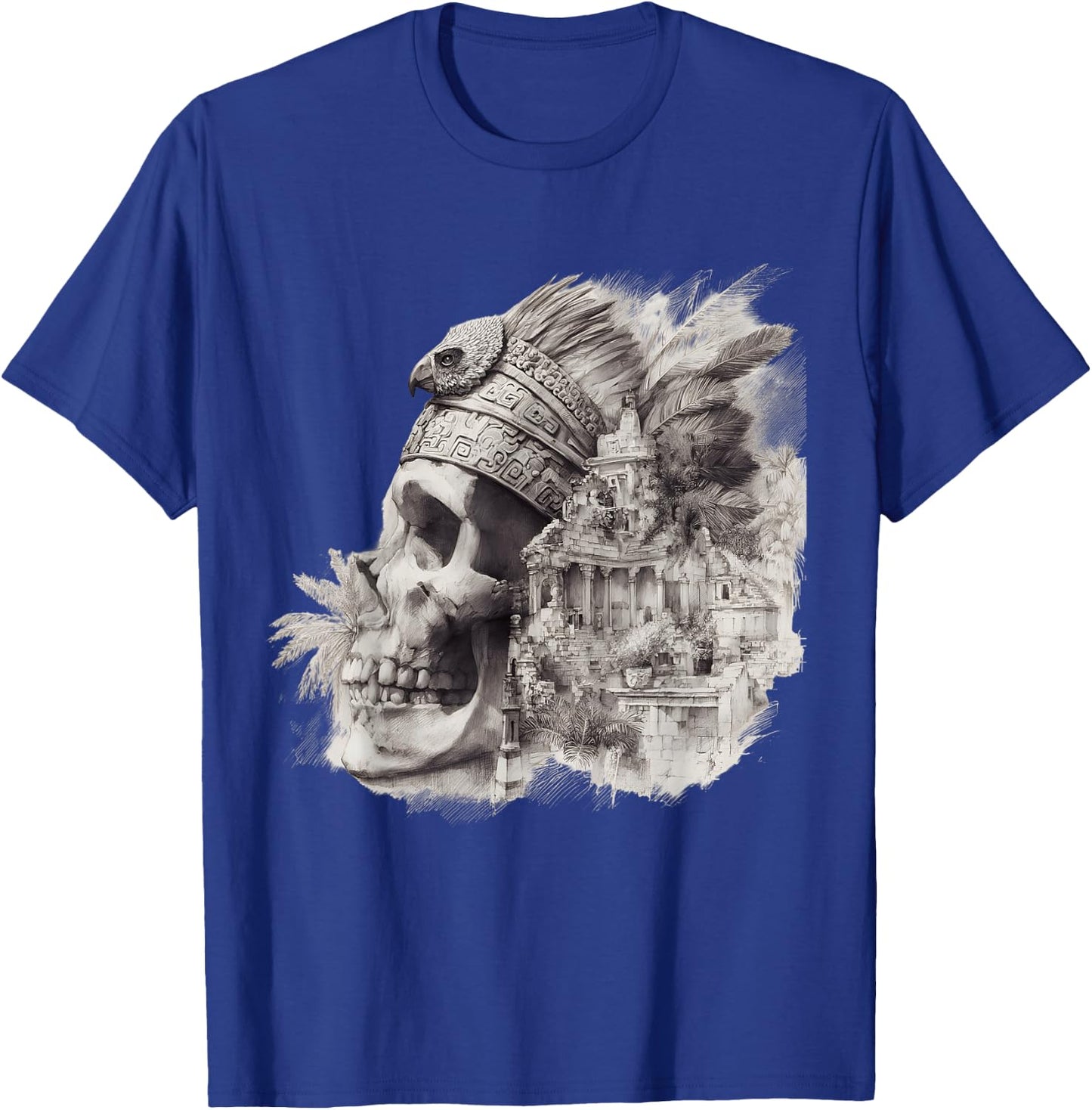 Mexican Maya Aztec Skull Native Maya Feathers Azteca T-Shirt - T-Shirt | Royal