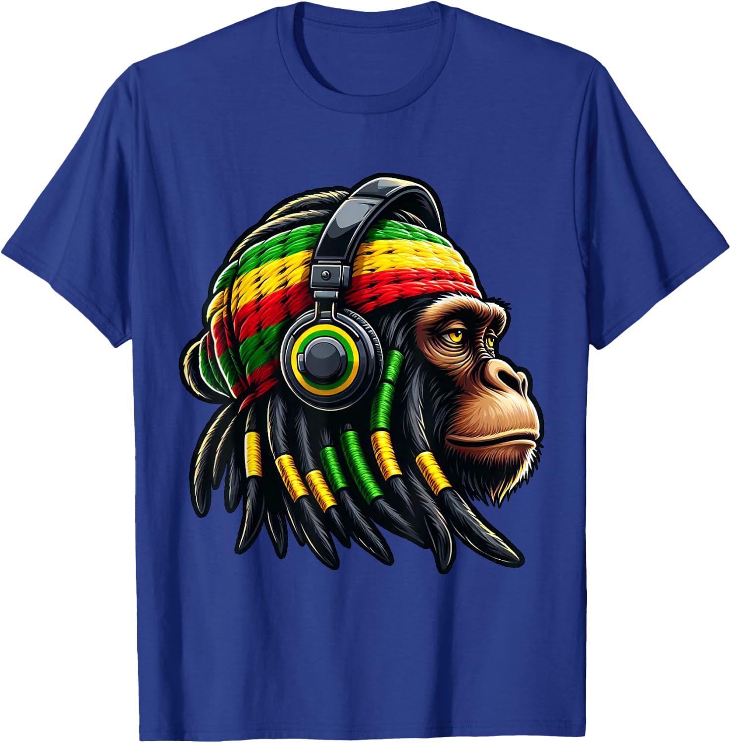 Jamaica Roots Reggae Chimpanzee Headphones Rastafari Monkey , black T-Shirt - T-Shirt | Royal