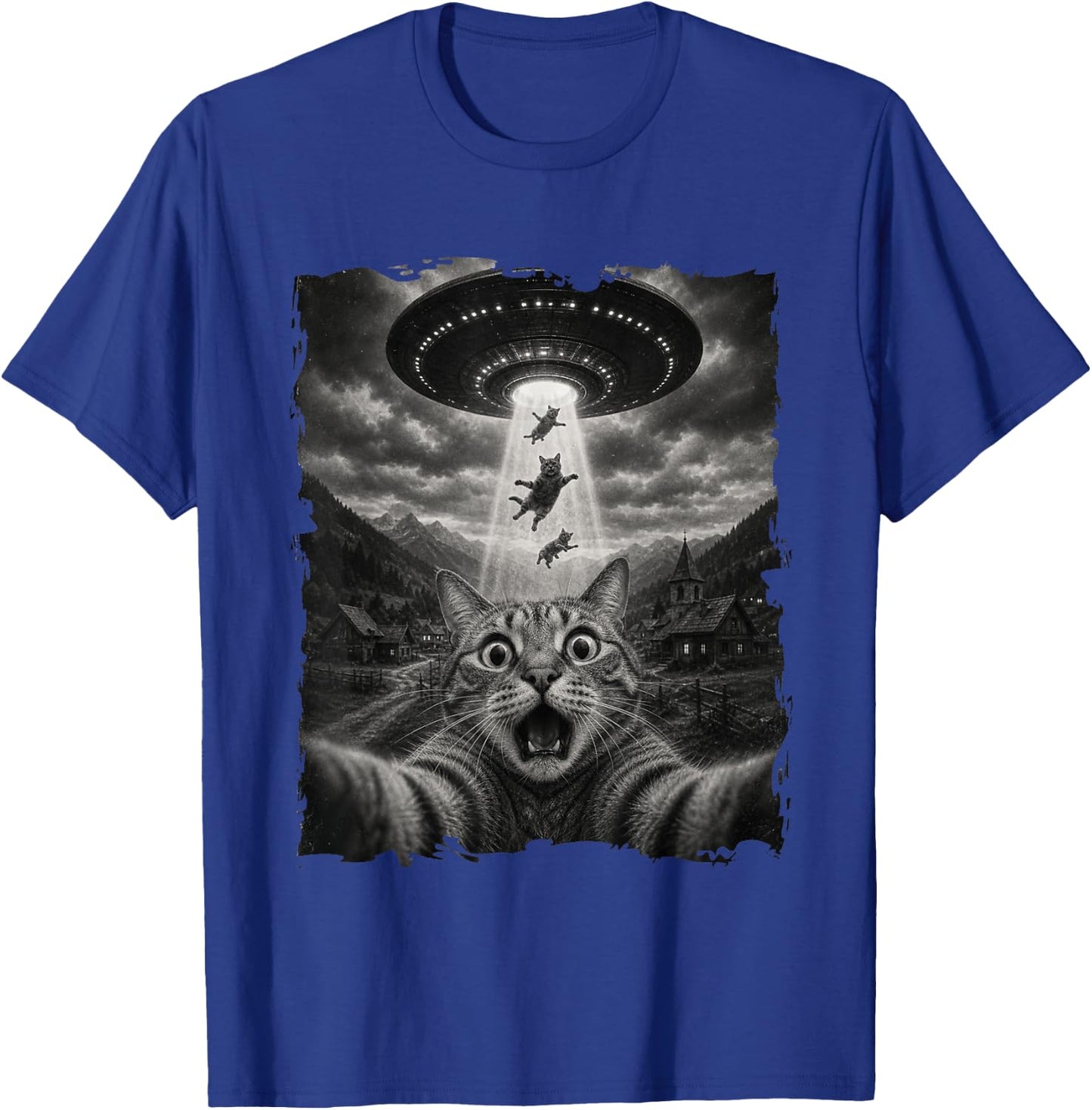 Funny Cat Seflie with Alien UFO Abduction Space Cat Meme T-Shirt - T-Shirt | Royal