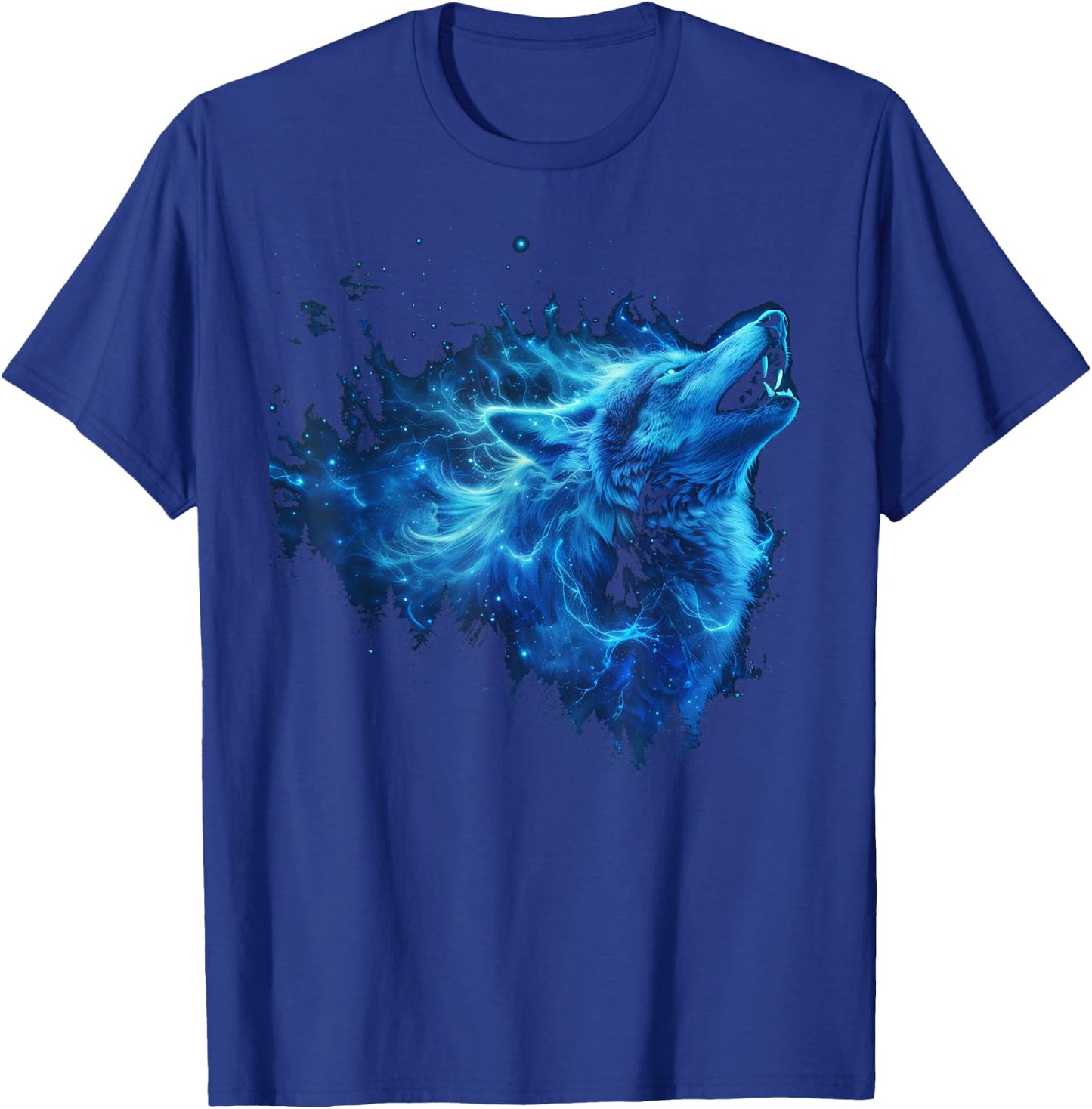 Galaxy Wolf Howling Graphic Electrical Blue Wolf Lovers T-Shirt - T-Shirt | Royal
