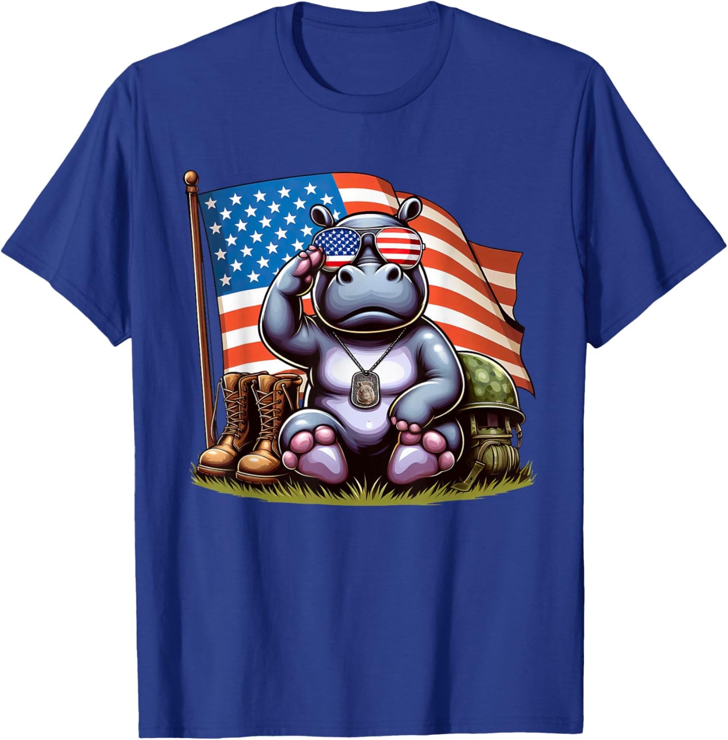 Salute Hippo American USA Flag Memorial Day 4th of July T-Shirt - T-Shirt | Royal