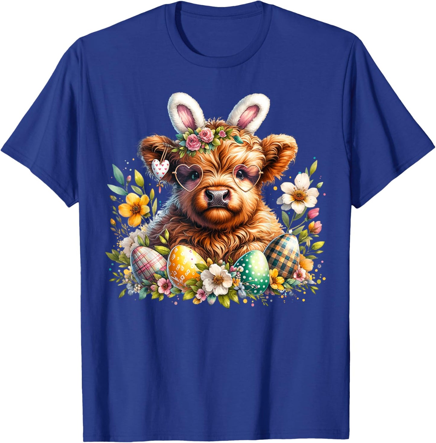 Highland Cow Easter Bunny Moo Basket Egg Floral Women Girls T-Shirt - T-Shirt | Royal