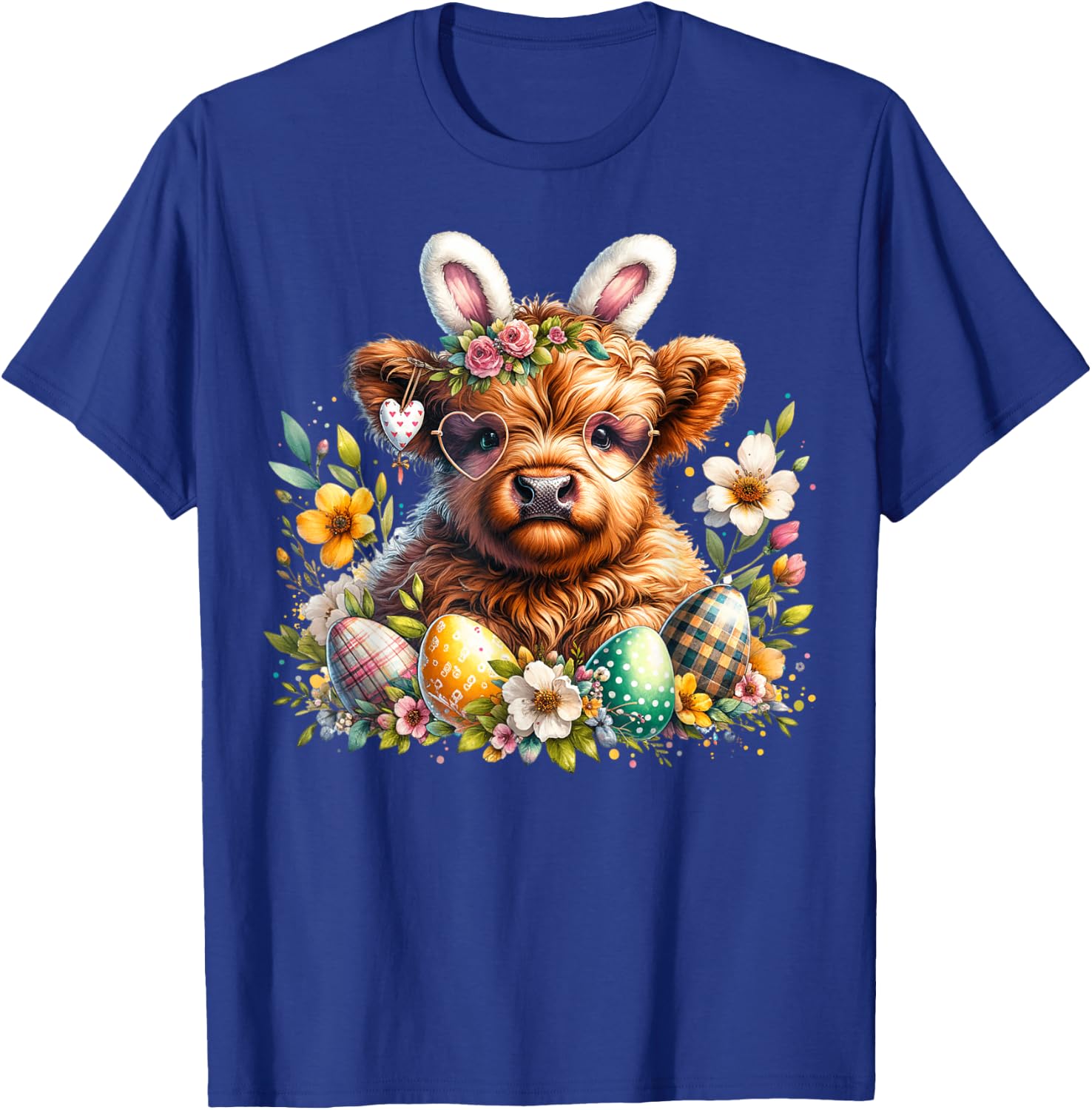 Highland Cow Easter Bunny Moo Basket Egg Floral Women Girls T-Shirt - T-Shirt | Royal