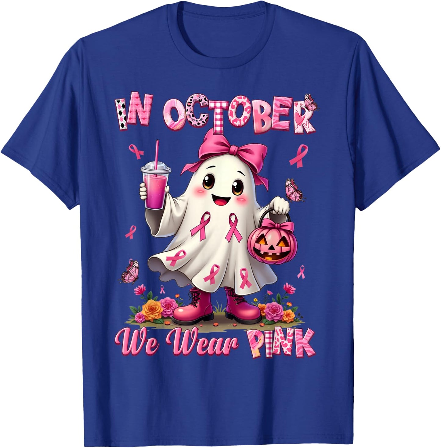 In October We Wear Pink Ghost Breast Cancer Awareness T-Shirt - T-Shirt | Royal