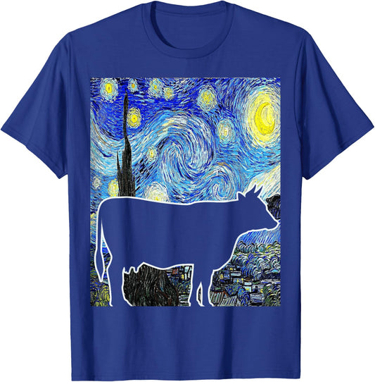 Cow Starry Night Van Gogh Funny Cow Farmer T-Shirt - T-Shirt | Royal