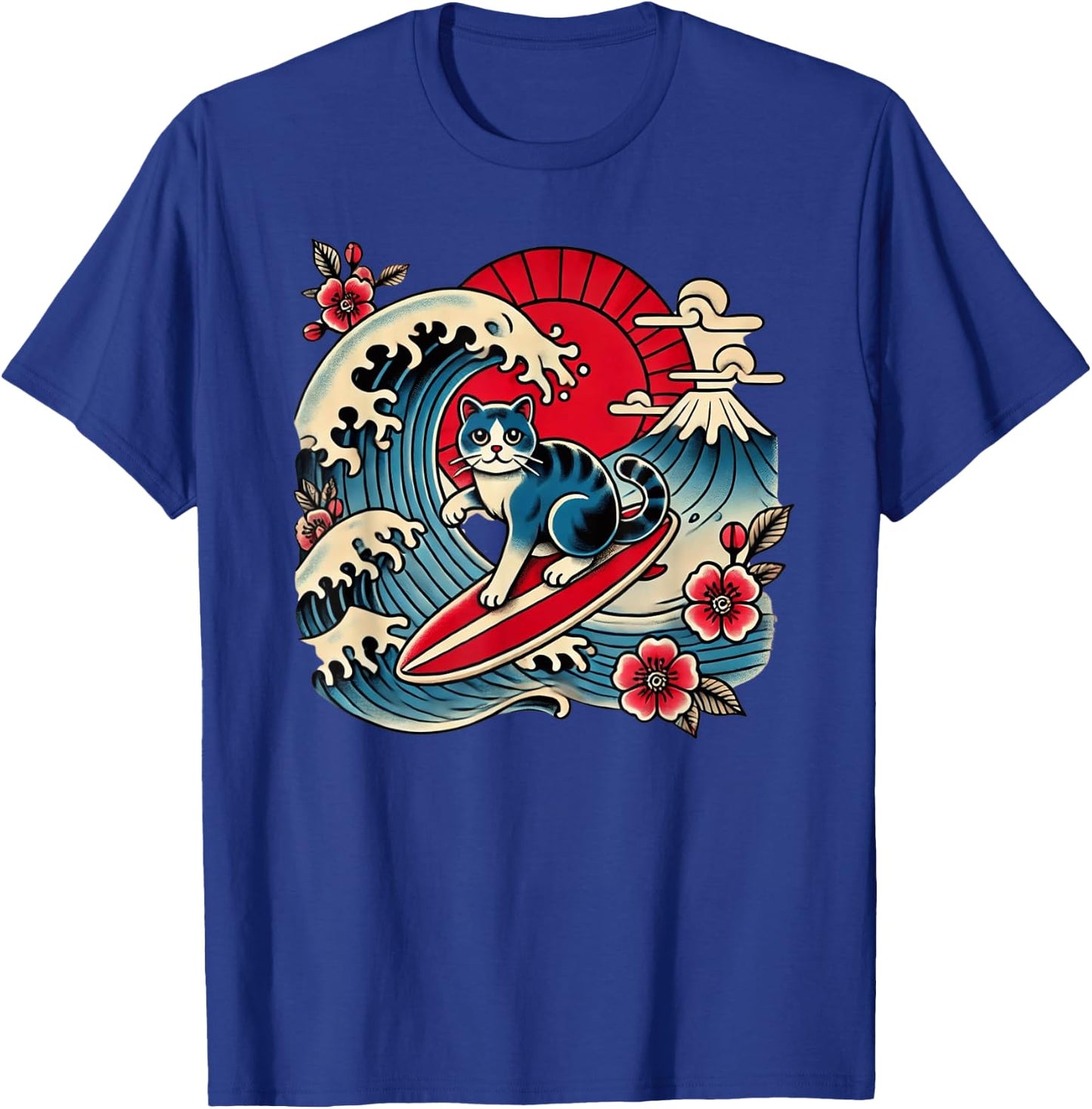 Pet Lover Mt. Fuji Sunset Japanese Wave Art Surfing Cat T-Shirt - T-Shirt | Royal