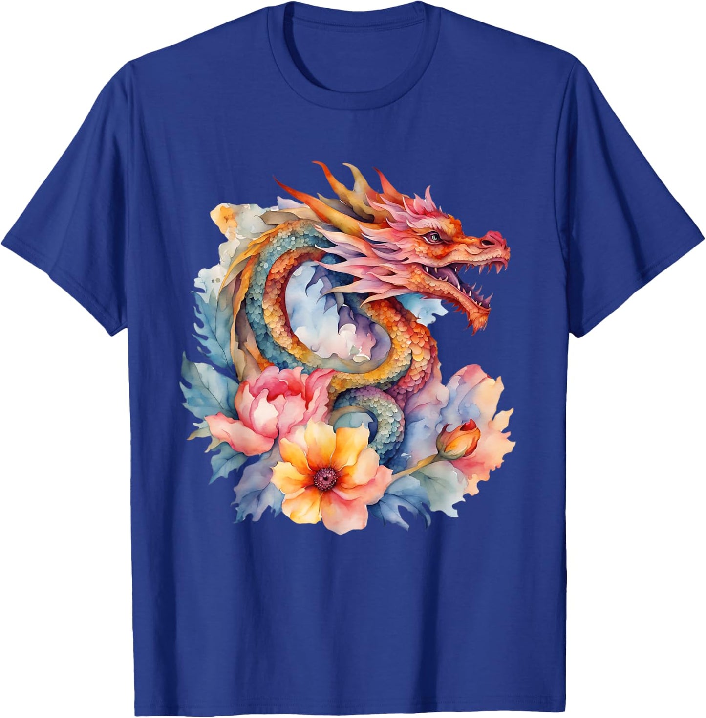 Watercolor Dragon Flowers Beautiful Art Colorful Graphic T-Shirt - T-Shirt | Royal