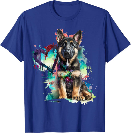 German Shepherd Puppy Mom Lover Watercolor Painting Heart T-Shirt - T-Shirt | Royal