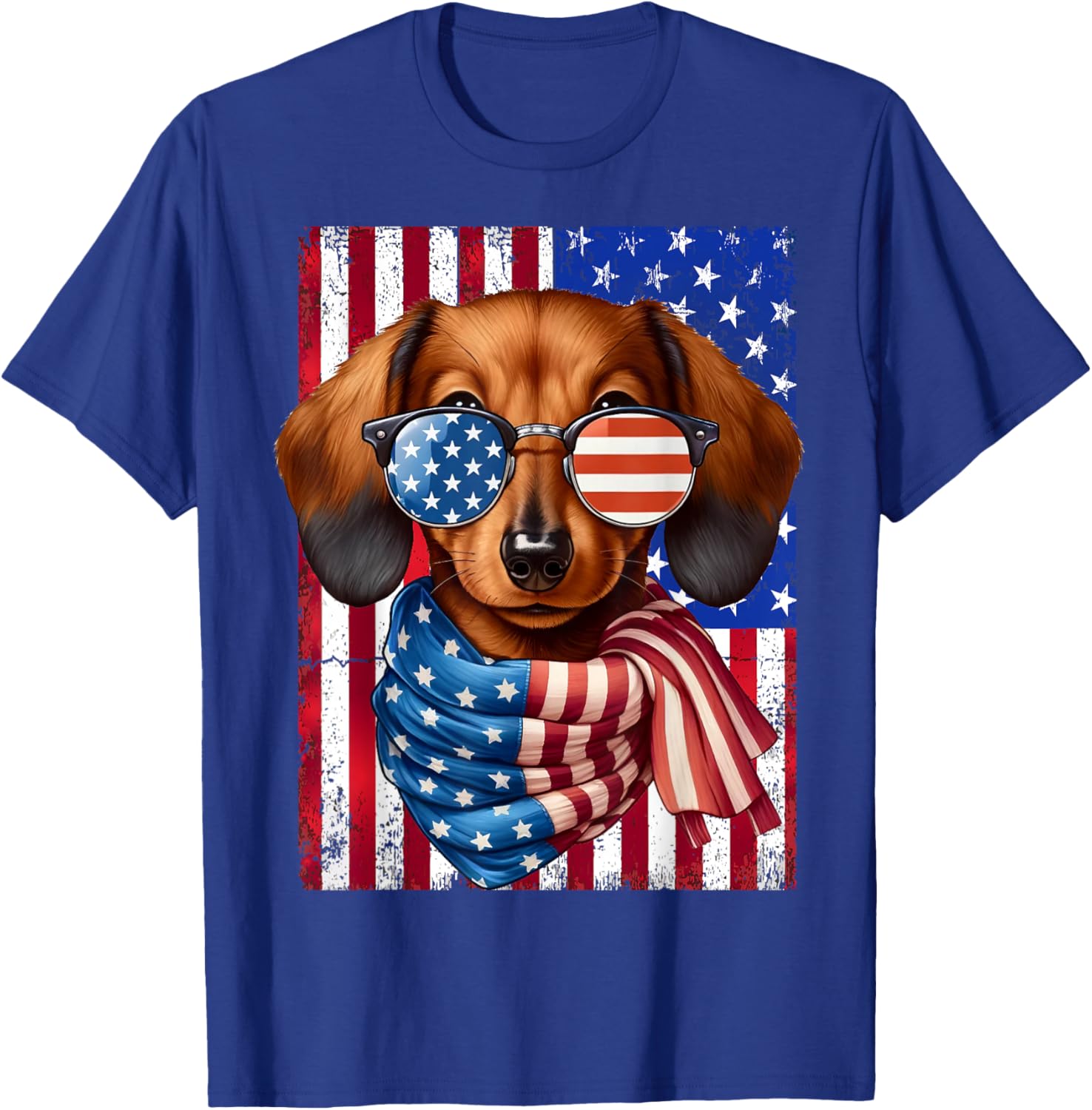 Dachshund Dog USA Flag Sunglasses Patriotic 4th of July Men Women T-Shirt - T-Shirt | Royal