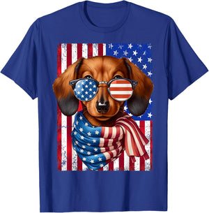 Dachshund Dog USA Flag Sunglasses Patriotic 4th of July Men Women T-Shirt - T-Shirt | Royal